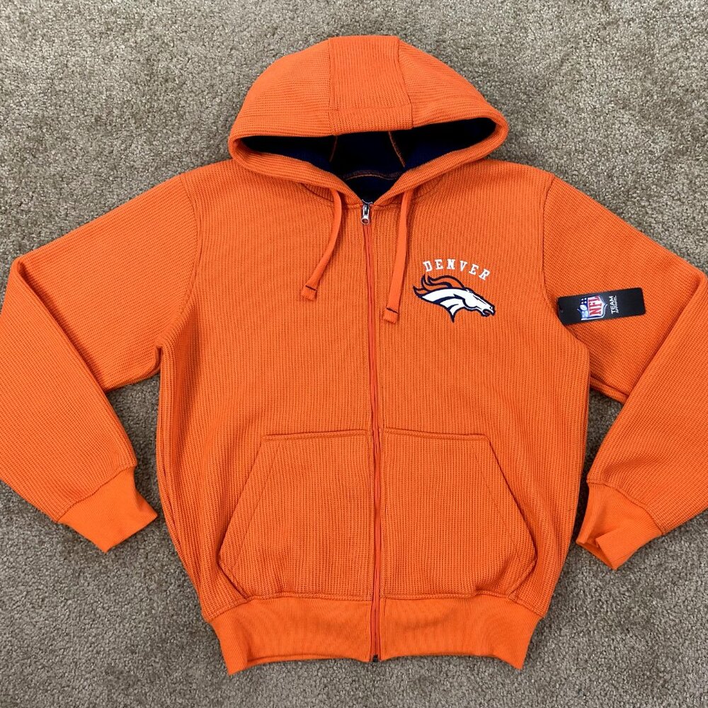 DENVER BRONCOS SHERPA HOODED JACKET Sewn Logos S M L XL 2X